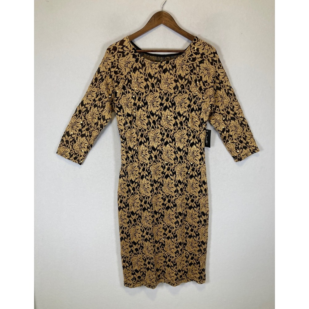 Glam NWT Candalite‎ Women L Gold Black Sequin Metallic Floral Lace 3/4 Slv Dress